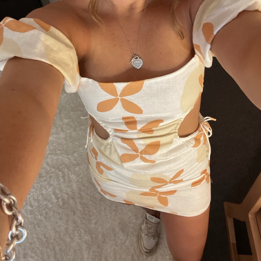 Sabo Skirt White Mini Dress with Peach Flower Print